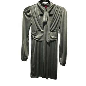 Magenta Metallic Long Sleeve Tie Neck Gathered Waist Mini Dress Women'Size Small